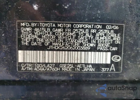 2006 Lexus Is 250 z USA, uszkodzony, nr VIN JTHCK262062003889